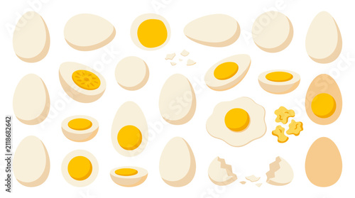 Set of whole and halved boiled eggs, fried eggs, and eggshells in a flat design style with a pastel color palette