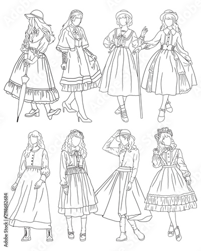 Set of elegant young women in vintage fashion dresses vector line art. Cute retro outfit doodles, perfect for adult coloring book pages and fashion design projects