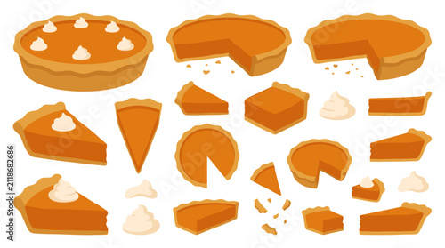 Set of pumpkin pie slices, whole pies, and whipped cream dollops, fall dessert collection, autumn treats, thanksgiving holiday food, flat vector