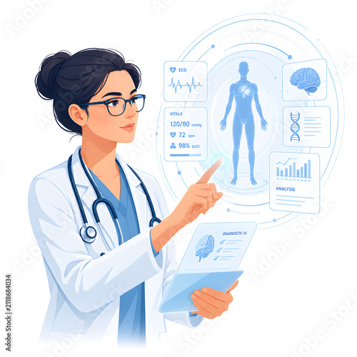 Female doctor using digital medical interface to analyze patient health data and human body anatomy diagnostics