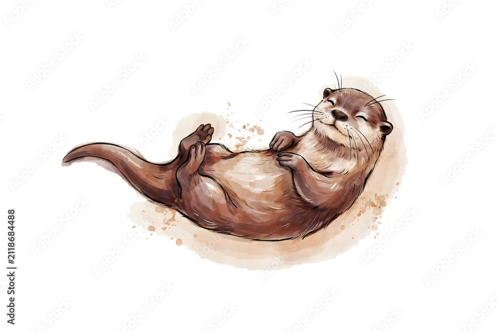Obraz premium Watercolor of a smiling brown otter floating on its back, soft artistic style, isolated on a white background, cute animal character