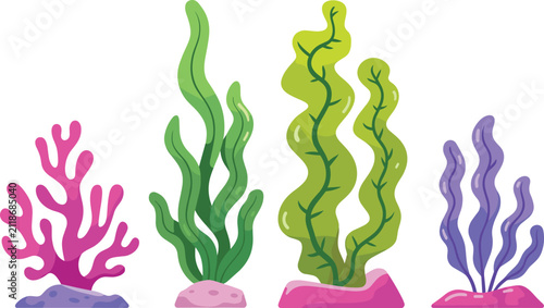 Colorful Marine Seaweed and Coral Reef Icon Set with Aquatic Kelp and Underwater Plants for Sea Ocean Wildlife Graphic Designs