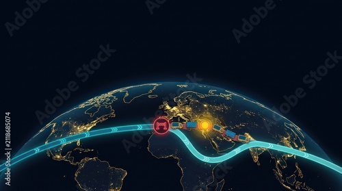 Global customs delay rerouting corridor with cargo trucks and containers on an illuminated world map, alternate shipping route and copy space