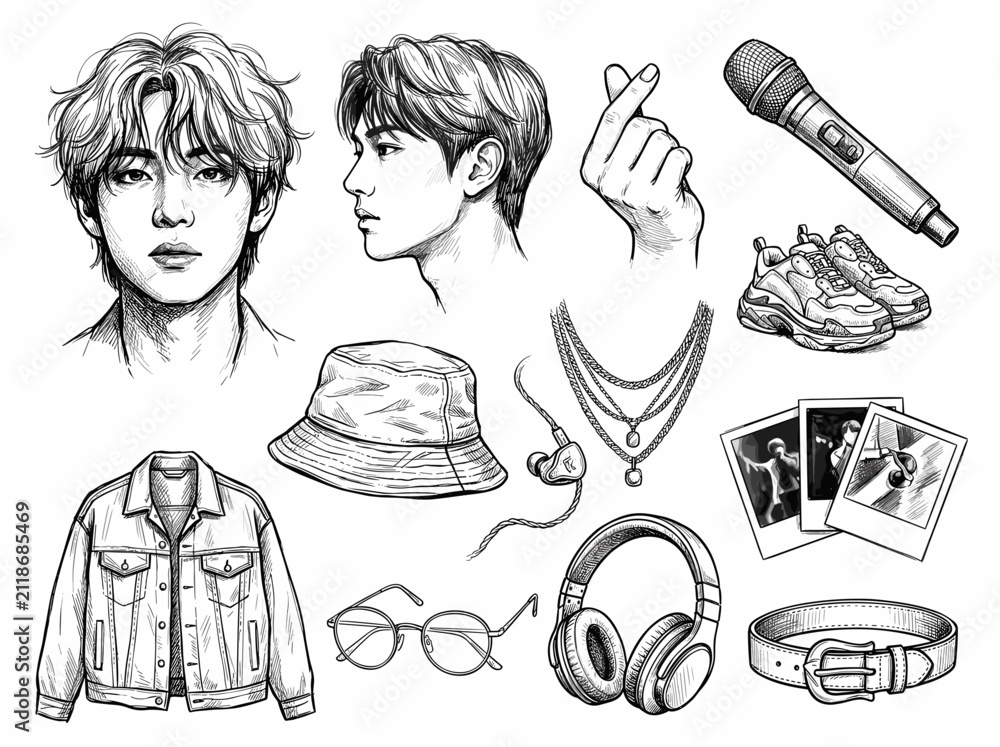 Obraz premium K-pop boy group sketch elements, hand-drawn black ink portrait, fashion accessories, isolated set