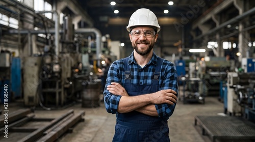 Smiling professional industrial worker wearing white hard hat and safety glasses with arms crossed in factory floor modern manufacturing business concept