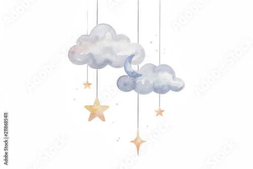 Watercolor of hanging clouds with a crescent moon and stars on a white background, for nursery decor, and baby shower themes