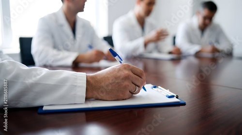 Close up of doctor hand writing notes on clipboard during medical staff meeting with colleagues in white coats modern healthcare business concept