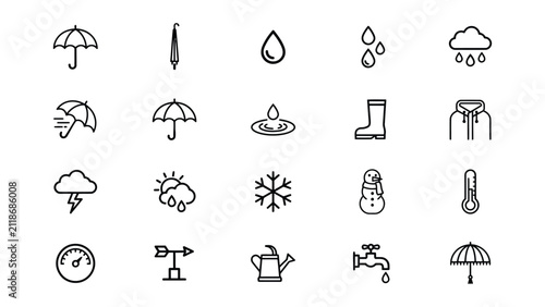 Foto Collection of weather and water related icons featuring rain umbrellas snowflake