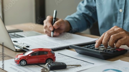 Close up view of a professional insurance agent calculating financial costs for buying a new vehicle with a red car model
