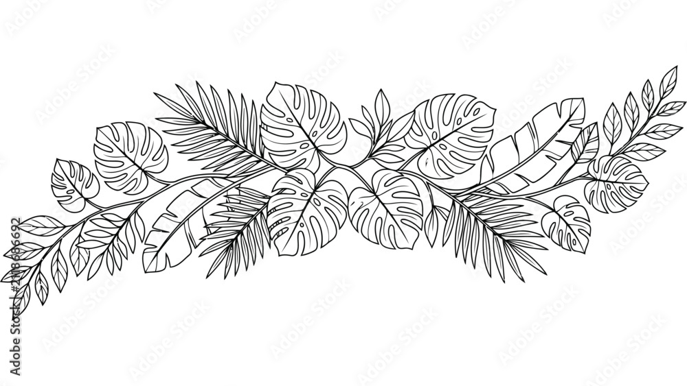 Naklejka premium Tropical leaf garland illustration. Hand drawn botanical border with exotic jungle foliage.