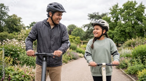 Joyful Latino dad and school-age girl exchange smiles while gliding on separate electric kick scooters through lush flower gardens, wearing helmets and elbow pads during an eco-friendly family outing