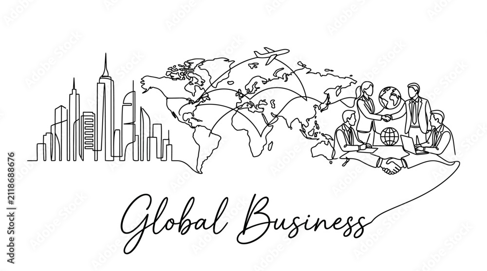 Fototapeta premium Contemporary line drawing illustrating global connectivity and international business collaboration with cityscape and world map