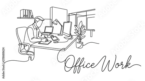 Contemporary office workspace illustration showcasing employee multitasking amidst modern interior design elements