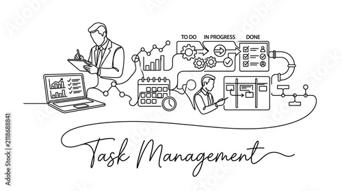 Comprehensive task management illustration highlighting workflow organization and productivity tools