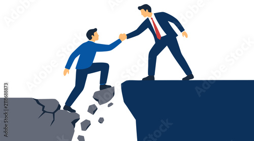 Businessman reaching down to help colleague climb from crumbling unstable surface to safe solid ground, bold flat vector illustration of teamwork, support and rescue metaphor