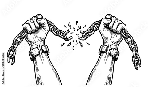 Foto Illustration of two hands breaking metal chains representing freedom liberation