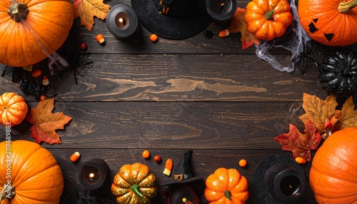 Halloween pumpkins and spiders frame composition