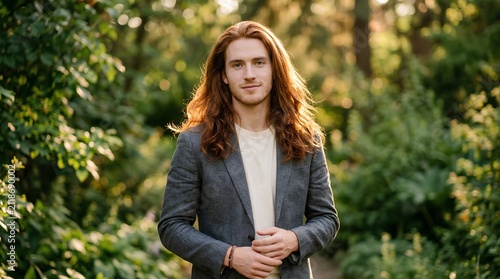 Handsome young man with long flowing red hair wearing a gray blazer over a white shirt standing outdoors against a softly blurred green leafy natural background in warm golden light