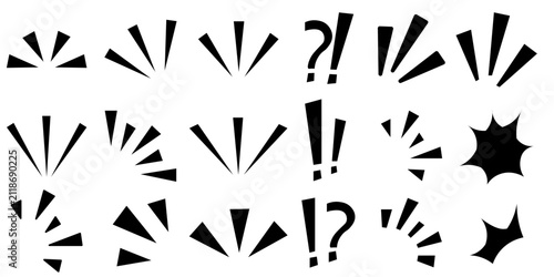 Foto Black emphasis marks and comic emotion lines set with exclamation points, question marks, and action rays