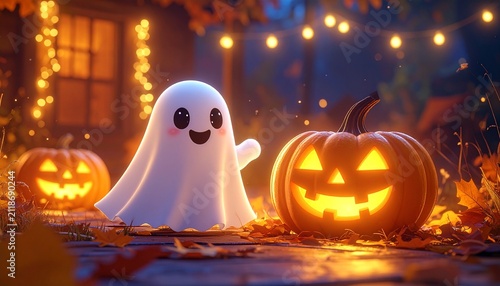 Halloween ghost with jack‑o’‑lanterns