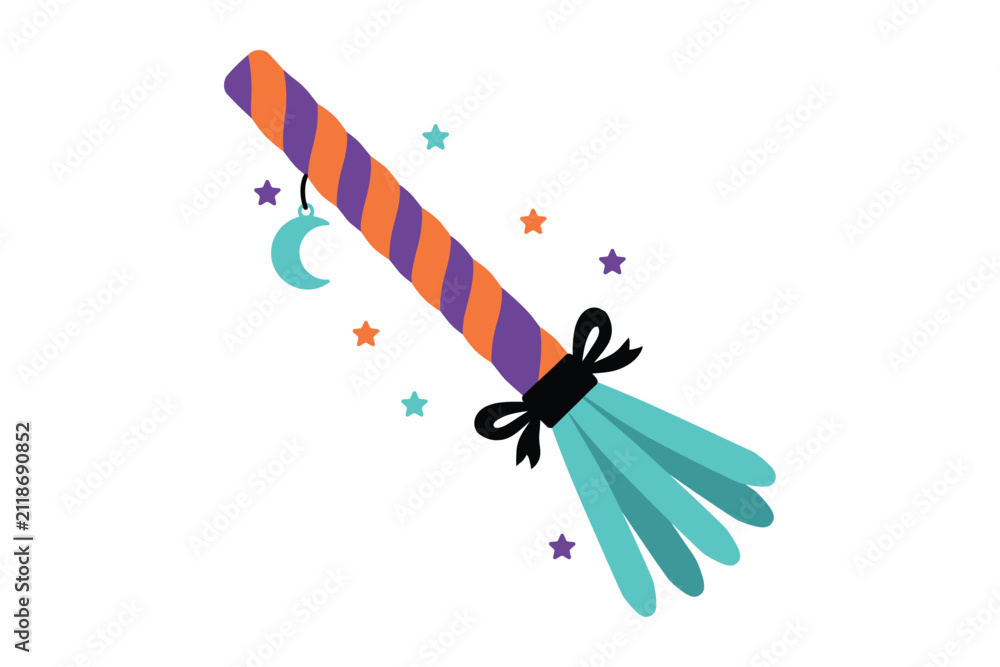 Obraz premium Cartoon Witch Broomstick Icon with Striped Handle and Teal Bristles and Glowing Colorful Star Accents and Moon Charm Decor for Halloween Graphics