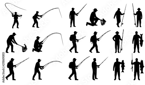 Принти на полотні Set of black silhouettes showing various fishing activities including casting li