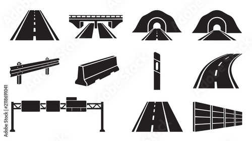 Fotografie Road infrastructure icon set, highway construction elements and street signs, 11