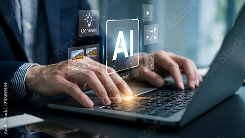 Professional Business Person Utilizing Advanced Artificial Intelligence Software Interface on Laptop for Digital Workflow Efficiency