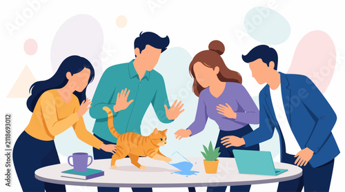 Ginger Cat Appreciation Day featuring a group of colleagues interacting with a friendly orange feline in a modern office setting.