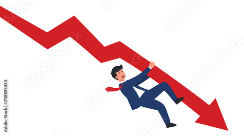 Businessman in blue suit clinging to a descending red downward zigzag arrow, symbolizing market crash, financial failure, and economic setback on white background