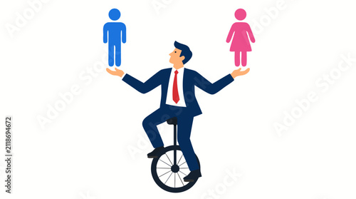 Businessman in suit juggling blue male and pink female stick figures while balancing on a unicycle, bold flat colors, vector illustration concept of work-life balance and multitasking challenges