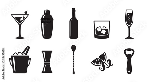 Bild auf Leinwand Minimalist cocktail bar icons, set of 10 black alcohol drink symbols, profession