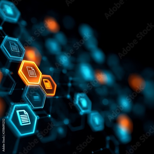 Digital document management system visualization featuring glowing blue and orange hexagon nodes with file icons connected in dark cyberspace network for enterprise data storage