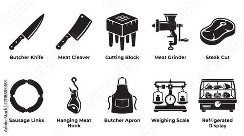 Konstfotografi Butcher shop icon set with meat cleaver and knife, professional butchery tools a