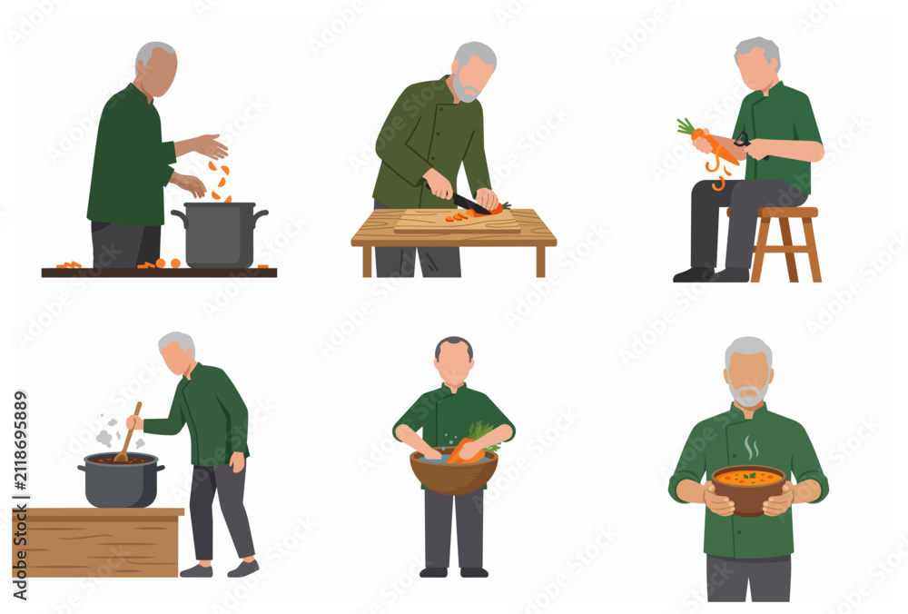 Fototapeta premium Collection of senior male chef characters cooking healthy carrot soup in flat vector style