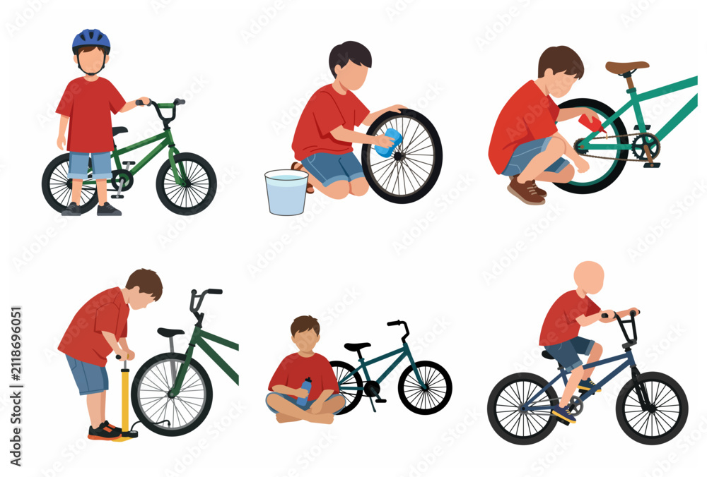 Fototapeta premium Set of flat vector illustrations of a little boy taking care of his bicycle. Child washing bike, oiling chain, pumping tires and riding.