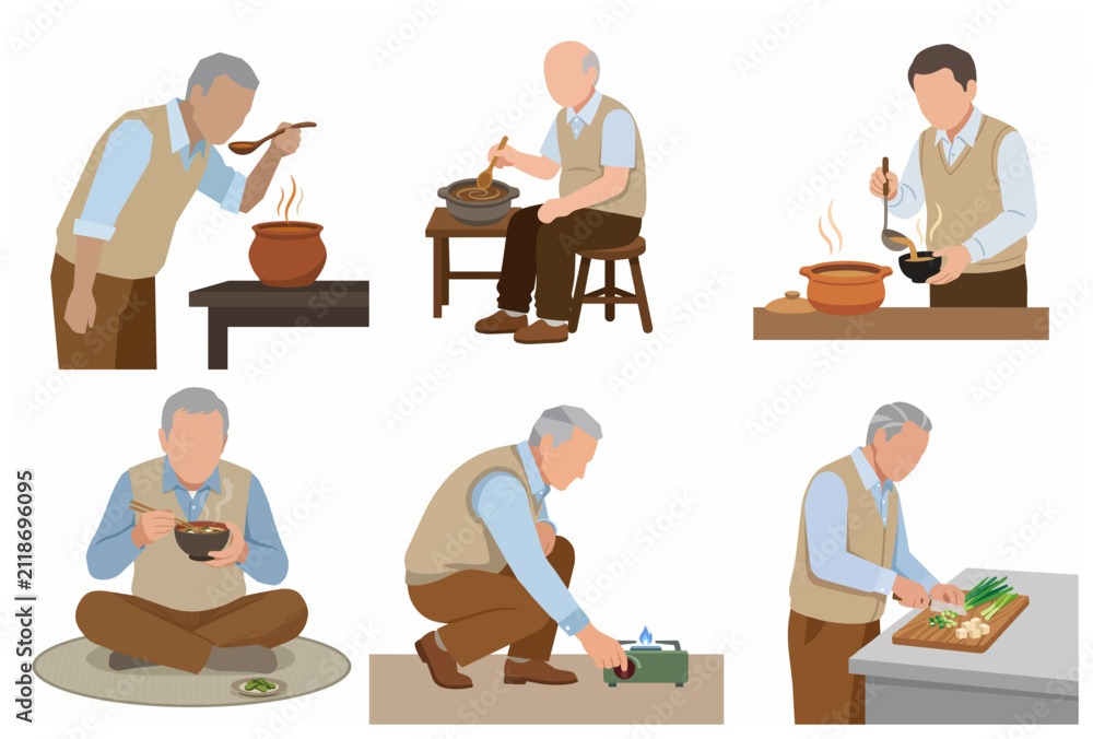 Fototapeta premium Set of flat illustrations featuring a senior man cooking, tasting, and eating healthy soup, depicting an active lifestyle, retirement hobbies, and independent living.