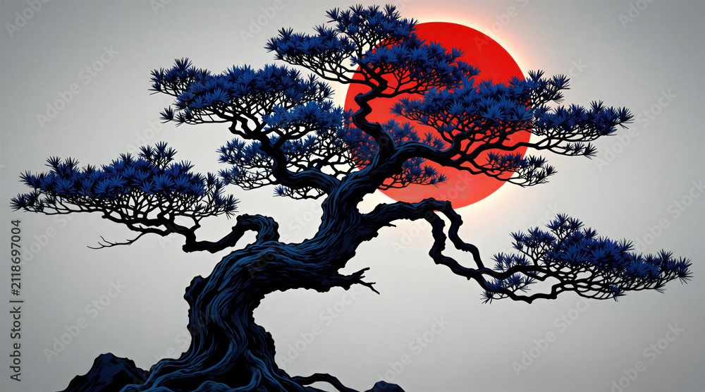 Obraz premium Gnarled dark bonsai tree with blue needles stands before bright red sun. Minimalist background enhances dramatic Japanese inspired art style. Elegant asian ink wash painting composition.