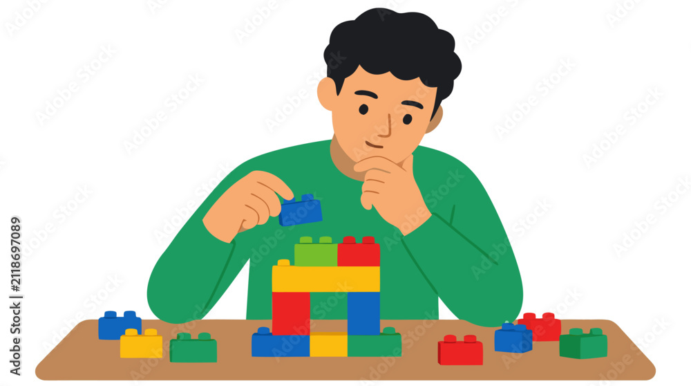 Naklejka premium Young man thoughtfully playing with colorful toy building blocks on a table, stacking and solving creative puzzle in flat vector illustration style, educational childhood