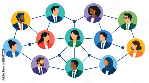 Diverse business people connected by network nodes forming a flat geometric illustration, showing teamwork, communication, and corporate connectivity with circular avatar portraits and linking lines