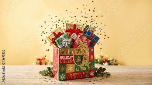 A shopping bag full of colorful christmas gift boxes with festive confetti falling down on a bright background