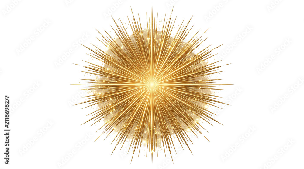 Obraz premium Golden sunburst explosion with shimmering light rays, radiant gold starburst effect on white background, glowing sun flare with sparkling bokeh particles