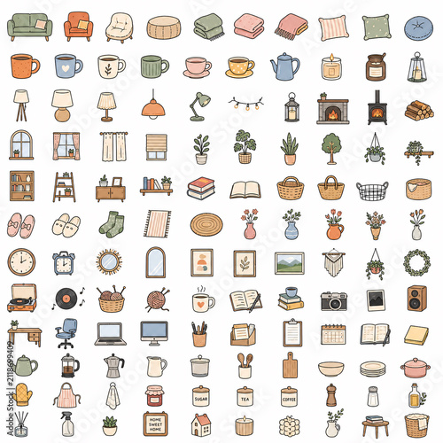 Premium Modern Color Doodle Home Decor Icons, Cozy Living Room and Lifestyle Illustration Set .Generative AI