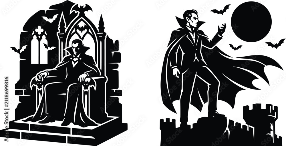Fototapeta premium Gothic vampire sitting on throne and standing on castle rooftop vector