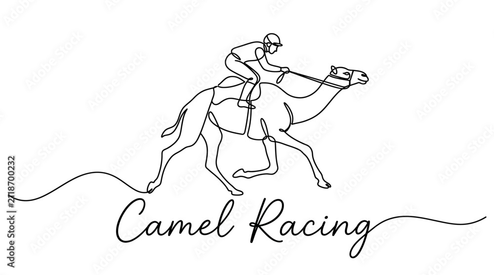 Fototapeta premium Minimalist Line Art Illustration Depicting a Humorous Camel Race with Rider and Camel in Motion