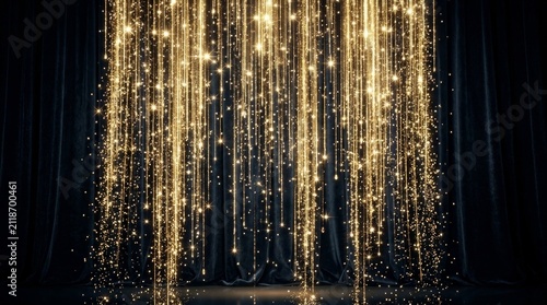 Abstract background with vertical glowing golden and green light lines and sparkling glitter particles on black
