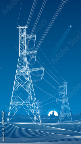 Modern blue line art illustration of high-voltage power lines with a smart city skyline. Clean vector style for energy, infrastructure, smart grid, utilities, and future technology.
