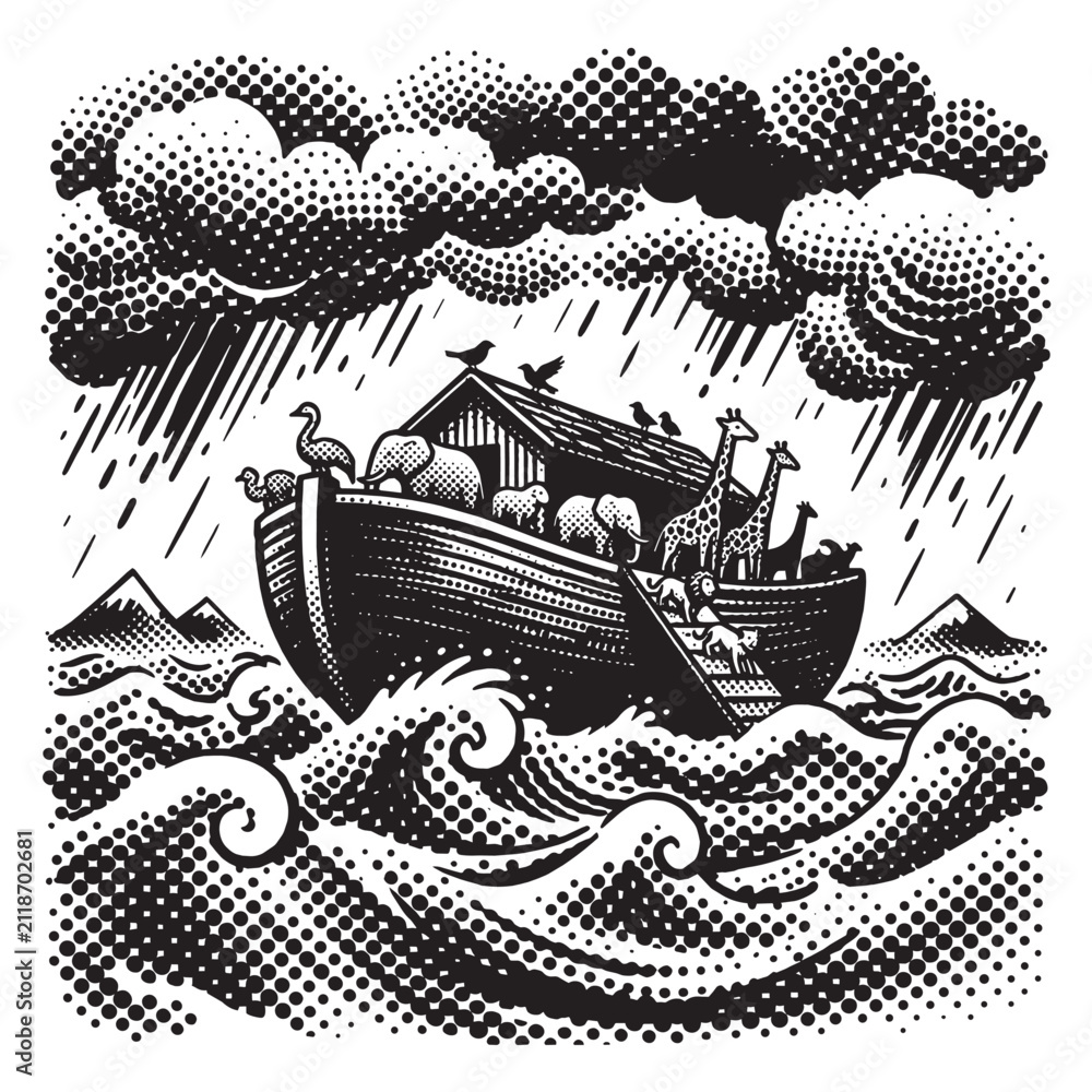 Naklejka premium Noah's Ark Bible Story Illustration in Halftone Rasterized Screenprint Style with Dots and Stippling Texture