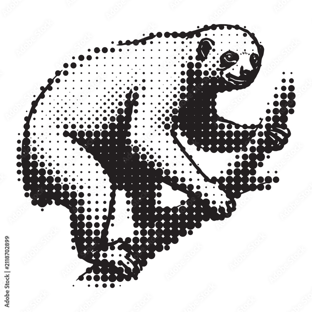 Naklejka premium Black and White Sloth Illustration in Halftone Rasterized Screenprint Style with Stippling and Dots