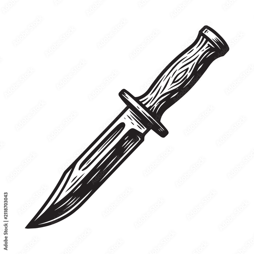 Obraz premium Vintage Woodcut Engraved Illustration of a Hunting Knife with Carved Wooden Handle, Relief Printmaking Style Vector Art